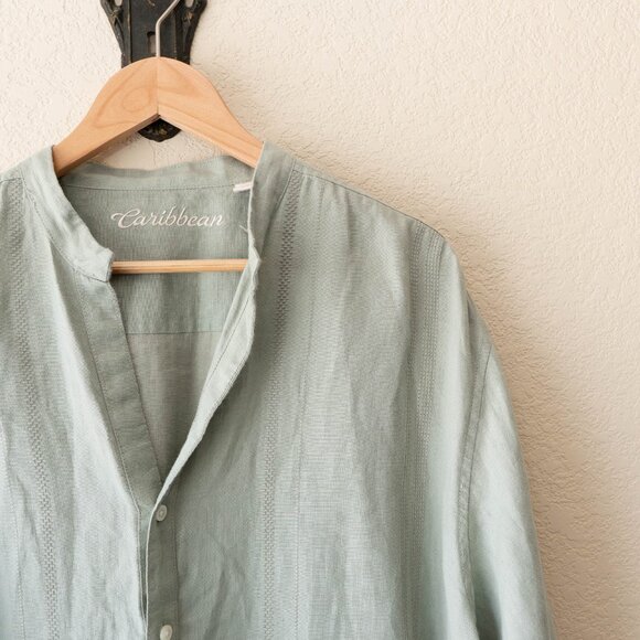 Caribbean Size XL Sage Green 100% Linen Button Up Roll Tab Shirt - Picture 4 of 12